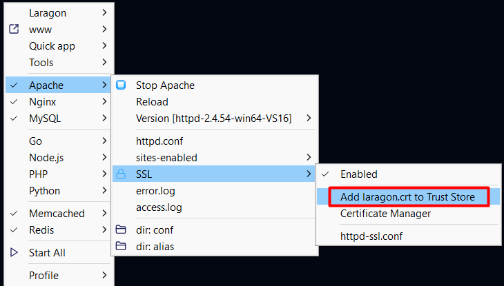 Laragon - Add laragon.crt to Trust Store