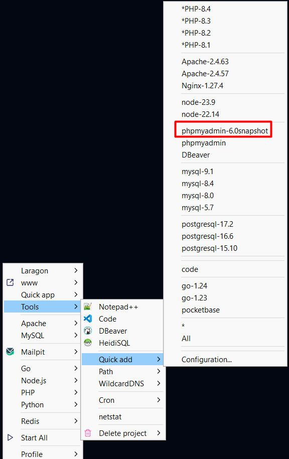 Laragon Operations - Quick add phpMyAdmin