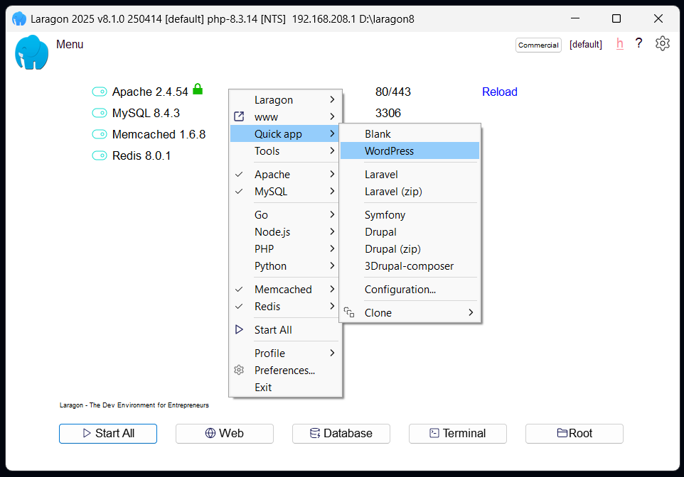 Laragon Quick-app - Create a WordPress project