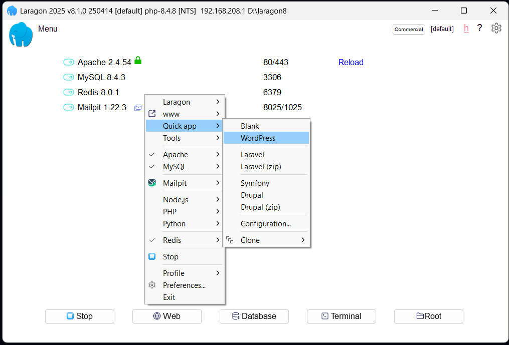 Laragon Quick start - Quick app WordPress
